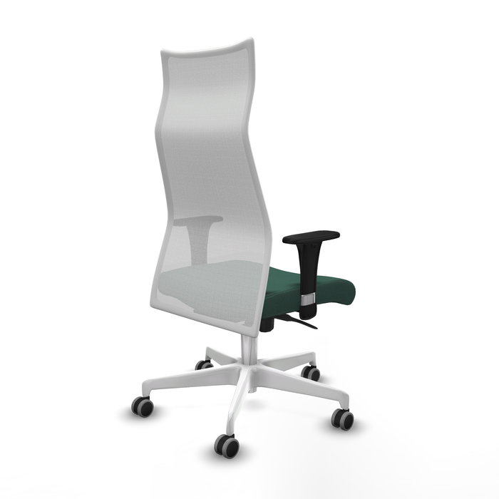Sillón Albacete con mecanismo Sincro tapizada con Tela color Verde botella y malla color Blanco. Equipado con Base poliamida blanca, Brazos 1D y Ruedas 65 mm parqué