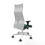 Sillón Albacete con mecanismo Sincro tapizada con Tela color Verde botella y malla color Blanco. Equipado con Base poliamida blanca, Brazos 1D y Ruedas 65 mm parqué