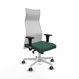 Sillón Albacete con mecanismo Sincro tapizada con Tela color Verde botella y malla color Blanco. Equipado con Base poliamida blanca, Brazos 1D y Ruedas 65 mm parqué