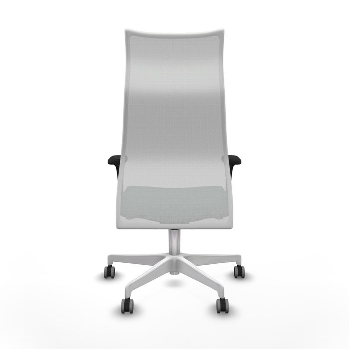Sillón Albacete con mecanismo Sincro tapizada con Tela color Verde botella y malla color Blanco. Equipado con Base poliamida blanca, Brazos 1D y Ruedas 65 mm parqué