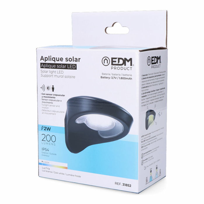 Edm Aplique solar negro de 2W con sensor y 200lm Edm Aplique solar negro de 2W con sensor y 200lm