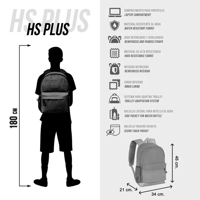 Naruto Mochila HS PLUS Negra Resistente y Repelente a Líquidos con Compartimento para Dispositivos y Espalda Transpirable 23L