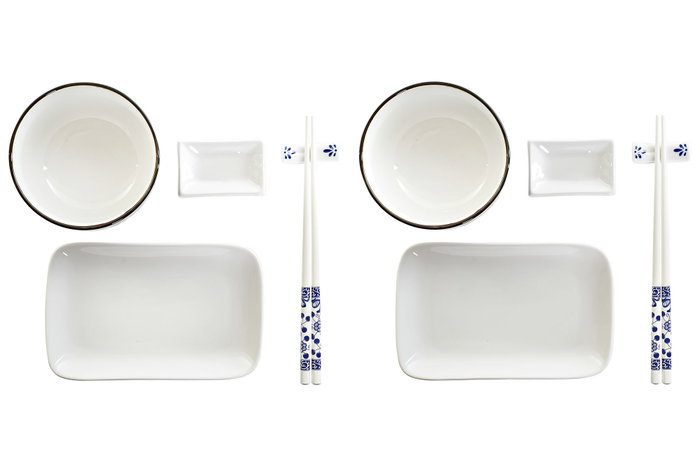 DKD Home Decor Set de Sushi 10 Piezas de Porcelana y Bambú Blanco y Azul Marino Skew: B1K8NT74ET