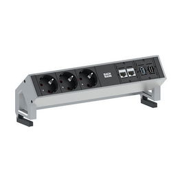 Bachmann DESK2 Adaptador de sobremesa con 3 Enchufes Schuko F, 2 Puertos CAT6 RJ45, 1 HDMI, 1 USB 3.0 - Cable 1.5 m, Carcasa Aluminio/Plástico Negro