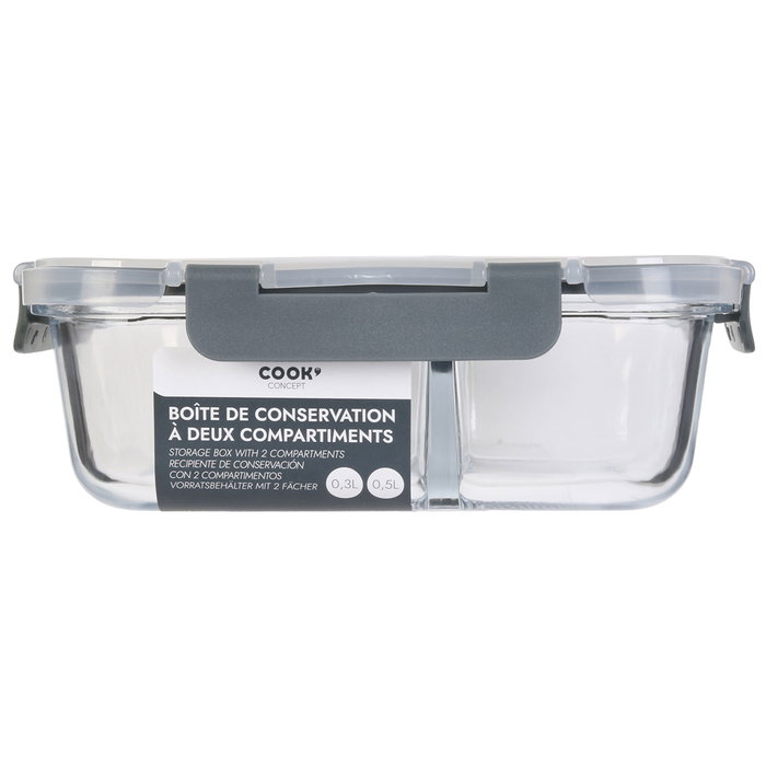 Cook Concept Hermético con 2 Compartimentos de Vidrio Borosilicado y Tapa de Plástico y Silicona 21x16 cm