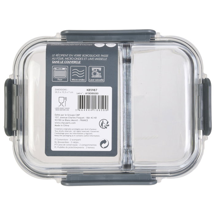 Cook Concept Hermético con 2 Compartimentos de Vidrio Borosilicado y Tapa de Plástico y Silicona 21x16 cm