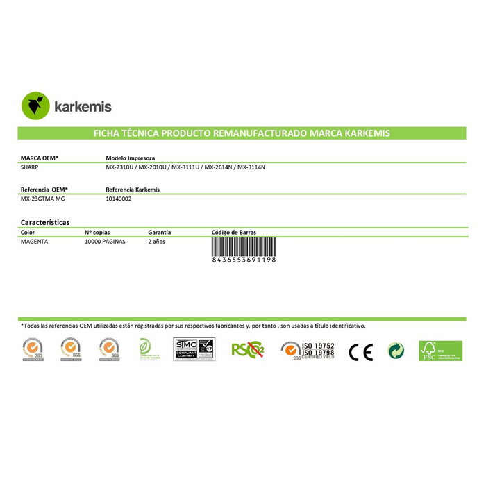 Karkemis MX-23GTMA MG para Sharp Laser Karkemis MX-23GTMA MG para Sharp Laser