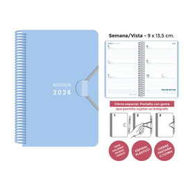 Agenda Anual (2026) Senfort Mini Espiral Tapa Pp Con Goma 90X135 S/V Azul Pastel