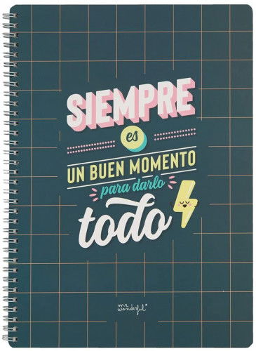 Mr. Wonderful Libreta WOA11049ES A4 Tapa Dura Espiral 160 Páginas Cuadriculadas con Pegatinas Motivacional Verde