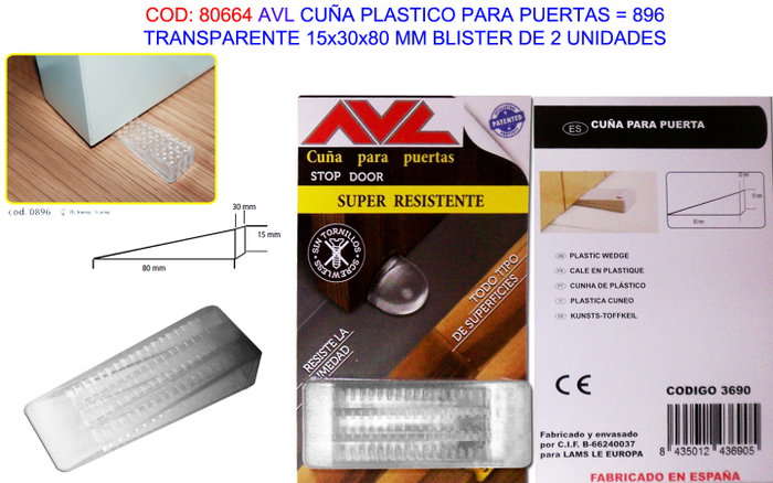 Cuña de plástico transparente para puerta 15x30x80 mm Cuña de plástico transparente para puerta 15x30x80 mm