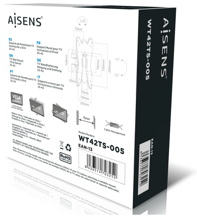 Aisens Soporte de Pared WT42TS-005 Giratorio e Inclinable para TV de 23-42 pulgadas