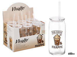 VIVALTO Vaso con Tapa y Pajita de Vidrio para Café, 620 ml, Cristal Transparente, Dimensiones 7.6x16.7x7.6 cm (Set de 24)