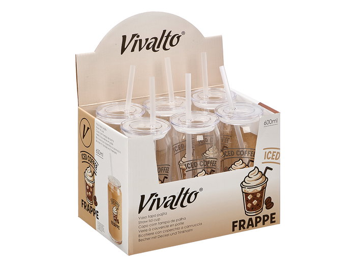 VIVALTO Vaso con Tapa y Pajita de Vidrio para Café, 620 ml, Cristal Transparente, Dimensiones 7.6x16.7x7.6 cm (Set de 24)
