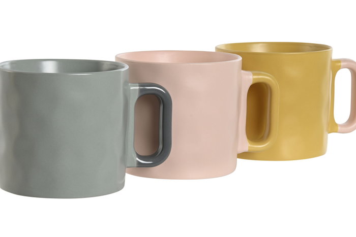 DKD Home Decor Set de 3 Tazas de Porcelana New Bone, 400 ml, Colores Surtidos