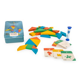DEQUBE Tangram D00324 - Set de 4 Puzzles de Madera FSC en Caja Metálica, para Niños +5 Años, Idiomas: Español, Inglés, Portugués