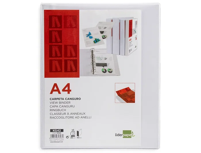 Liderpapel Carpeta Canguro 4 Anillas Mixtas 25mm A4 Plástico Blanco
