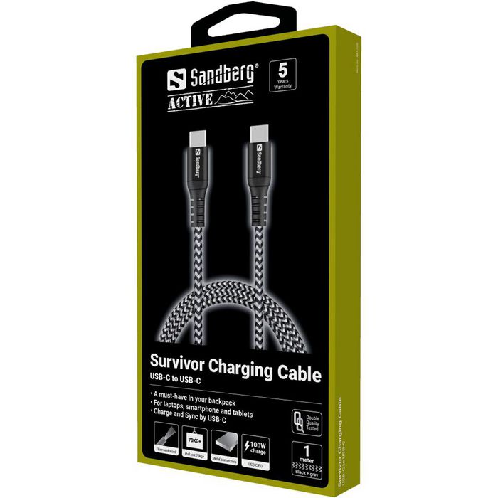 Sandberg Survivor Cable USB-C de carga 1 metro 100W, conector de metal y trenzado Kevlar, resistencia a 70 kg Sandberg Survivor Cable USB-C de carga 1 metro 100W, conector de metal y trenzado Kevlar, resistencia a 70 kg