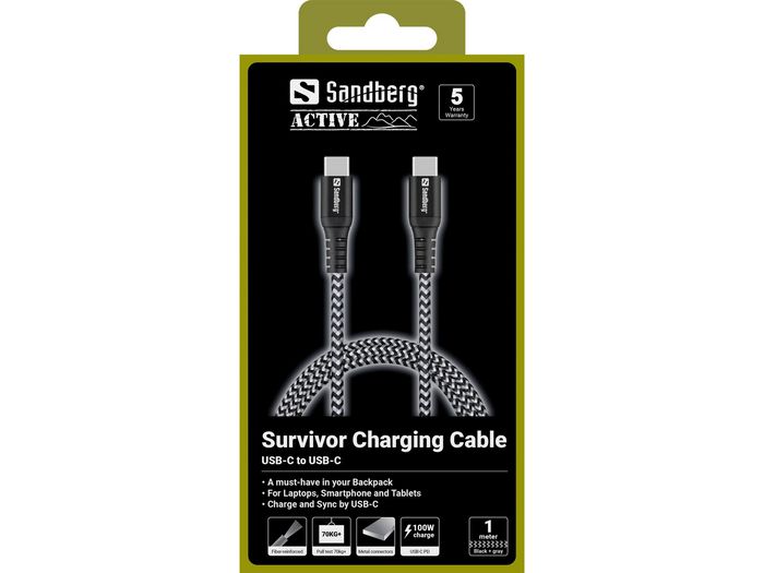 Sandberg Survivor Cable USB-C de carga 1 metro 100W, conector de metal y trenzado Kevlar, resistencia a 70 kg Sandberg Survivor Cable USB-C de carga 1 metro 100W, conector de metal y trenzado Kevlar, resistencia a 70 kg
