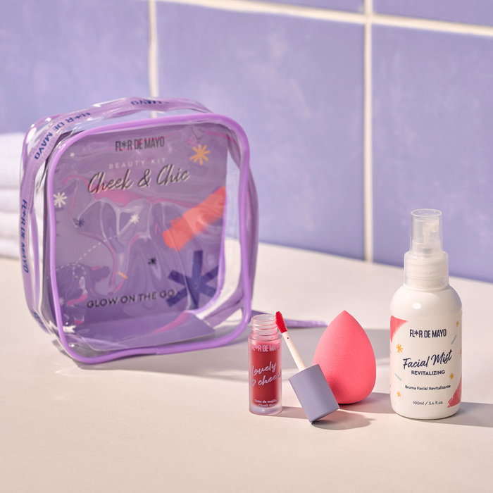 Flor De Mayo Beauty Kit Cheek & Chic Estuche 4 piezas - Bruma Facial, Tinte de Mejillas y Beauty Blender