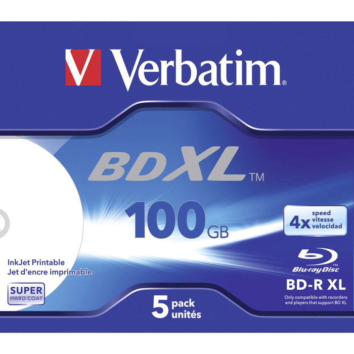 Verbatim BD-R XL Blu-ray 100GB 4x Speed Wide Printable 5 Pack Jewel Case Verbatim BD-R XL Blu-ray 100GB 4x Speed Wide Printable 5 Pack Jewel Case