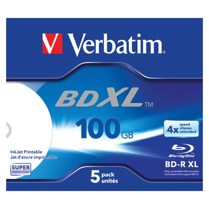 Verbatim BD-R XL Blu-ray 100GB 4x White Inkjet Printable - 5 unidades Verbatim BD-R XL Blu-ray 100GB 4x White Inkjet Printable - 5 unidades