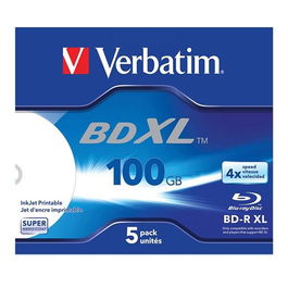 Verbatim Bd-R XL Blu-Ray 100 GB 4X Speed Datalife White Inkjet Printable - Paquete de 5 en Caja Jewel