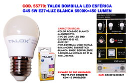 TALOX Bombilla LED Esférica G45 5W E27 Luz Blanca 6500K 450 Lumen