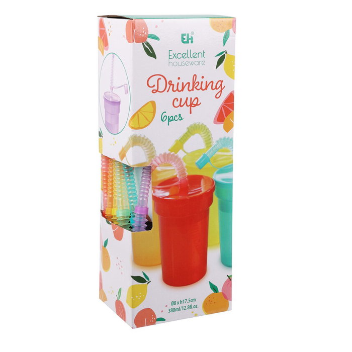 Excellent Houseware Vasos con Tapa y Pajita 380 ml - Pack de 6 Unidades Colores Surtidos - Polipropileno, Apto Lavavajillas, Ø81 x 122 mm