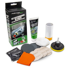 Abc Kit Restaurador Faros MOT1005 con Adaptador para Taladro, Elimina Amarilleo, Oxidación y Arañazos en 3 Pasos, Incluye Discos Lija P800 P1200 P2000, Pasta y Protector