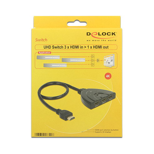 DELOCK 18600 Switch HDMI 3 Entradas / 1 Salida 4K UHD con Cable Integrado de 50 cm