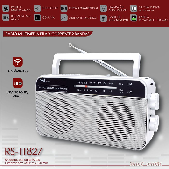 SAMI Radio AC/DC 2 Bandas con Bluetooth, USB, MicroSD, Auxiliar y Batería Recargable