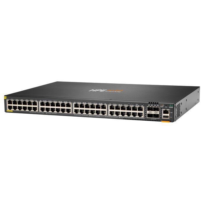HPE Aruba Networking CX 6300F Switch Gestionado L3, 48 Puertos 1GbE PoE+ Clase 4, 4 Puertos SFP56, 740W PoE, Rack 1U