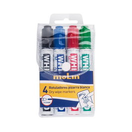 Molin Rotulador Pizarra Blanca Viva Punta Redonda, Borrado en Seco, Tinta Cap-Off, Blíster 4 Ud Colores Surtidos