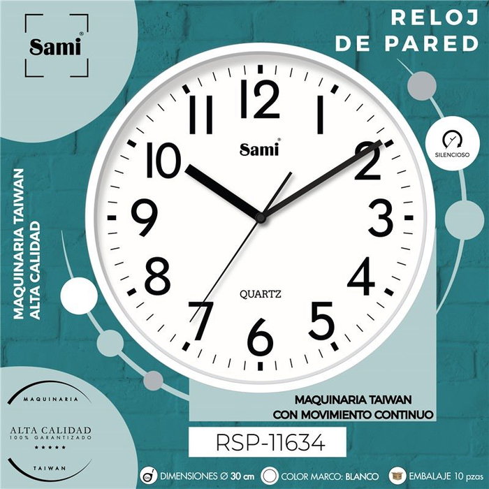 SAMI Reloj de Pared Redondo HQ Taiwan, Blanco, 30 cm