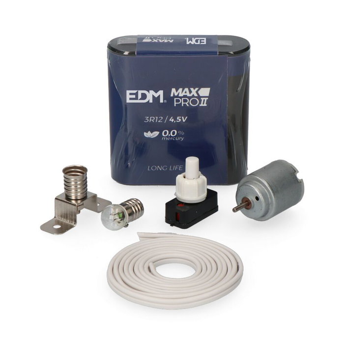 EDM Kit Manualidades con Motor, Ref. 45007 + 11201 + 38505 + 44022 + 36511 + 02002, Incluye Pila, Cable, Interruptor, Portalámparas, Bombilla 3.6V y Motor 1.5-6V para Escuela