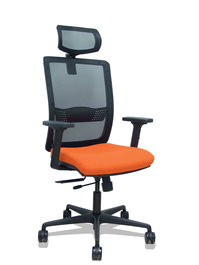 Silla de oficina Haches con mecanismo Sincro/Traslack tapizada con Tela color Naranja y malla color Negro. Equipada con lumbar 1D, Brazos 2D, Cabecero 2D y Ruedas 65mm nailon