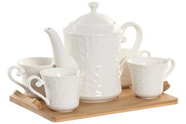 DKD Home Decor Pengjia flower 2025 Set de 6 Tazas de Porcelana y Bambú Blanco Natural Relieve 19 x 19 x 33 cm