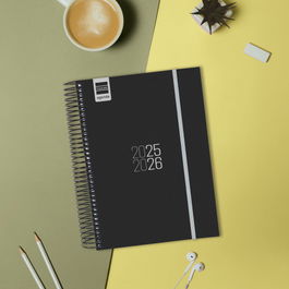 Finocam Agenda E10 Estudiantes Espiral 155x212 mm Negro 2025-2026 con Goma Elástica y Esquinas Microperforadas