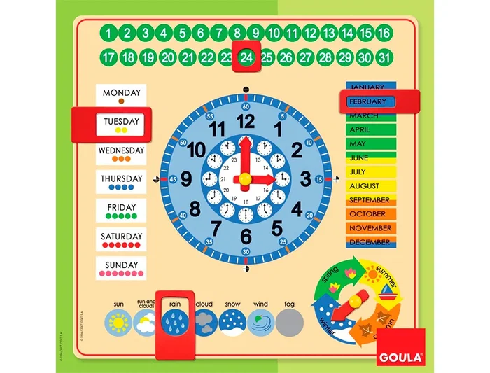 Diset Reloj Calendario Didáctico Infantil de Aprendizaje Meses Estaciones Tiempo Días Horas Minutos Fichas Móviles No Extraíbles 2 Años Juego Educativo 44x44x3 cm