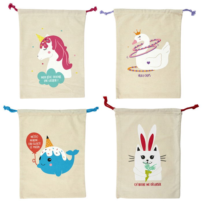 Tom et Zoe Bolsa Pijama Infantil Lona Cuerda Modelos Gato Conejo Cisne Unicornio 35x27 cm