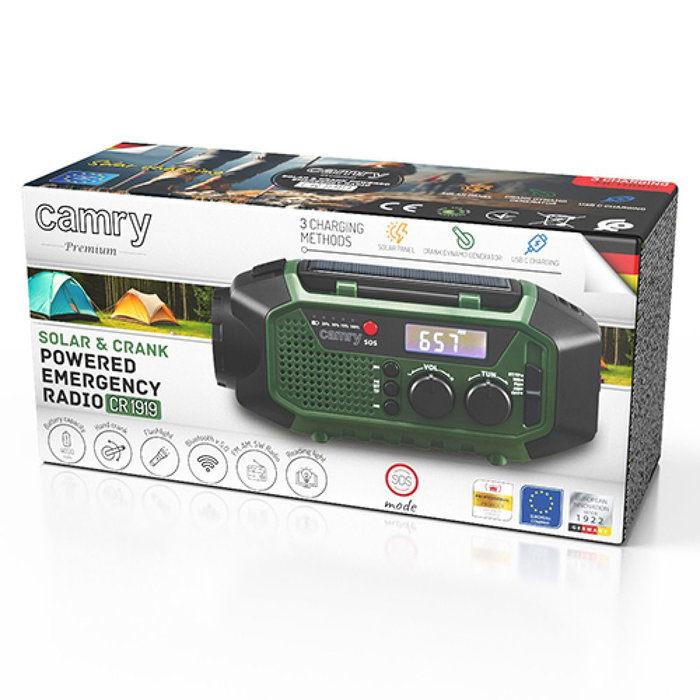 Camry CR1919 Radio Multifunción de Emergencia con Carga Solar/Dinamo/USB-C, Bluetooth 5.0, Linterna LED, Power Bank 4000 mAh, Pantalla LCD, Verde
