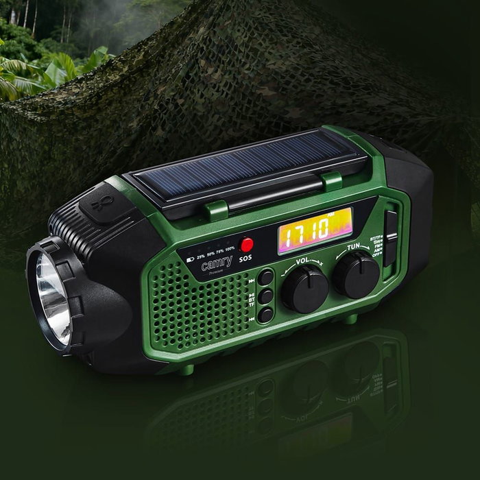 Camry CR1919 Radio Multifunción de Emergencia con Carga Solar/Dinamo/USB-C, Bluetooth 5.0, Linterna LED, Power Bank 4000 mAh, Pantalla LCD, Verde