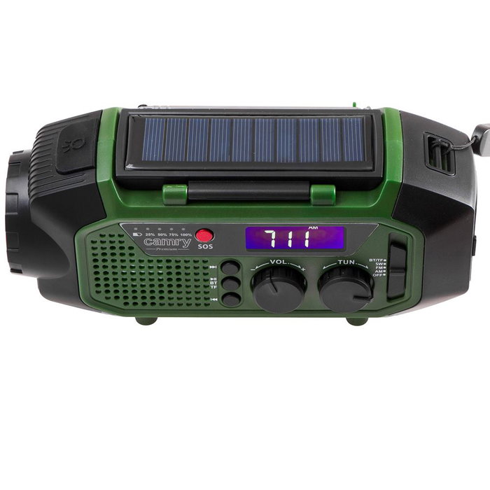 Camry CR1919 Radio Multifunción de Emergencia con Carga Solar/Dinamo/USB-C, Bluetooth 5.0, Linterna LED, Power Bank 4000 mAh, Pantalla LCD, Verde