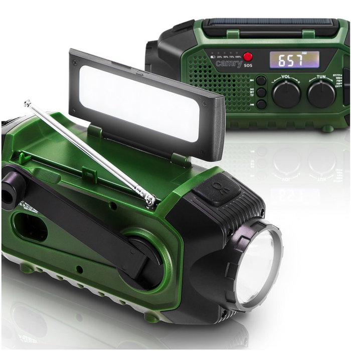 Camry CR1919 Radio Multifunción de Emergencia con Carga Solar/Dinamo/USB-C, Bluetooth 5.0, Linterna LED, Power Bank 4000 mAh, Pantalla LCD, Verde