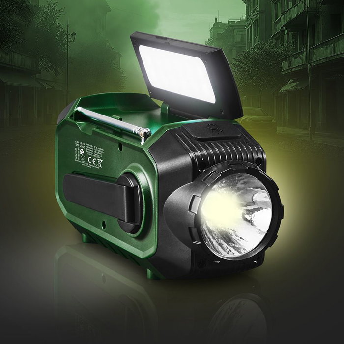 Camry CR1919 Radio Multifunción de Emergencia con Carga Solar/Dinamo/USB-C, Bluetooth 5.0, Linterna LED, Power Bank 4000 mAh, Pantalla LCD, Verde