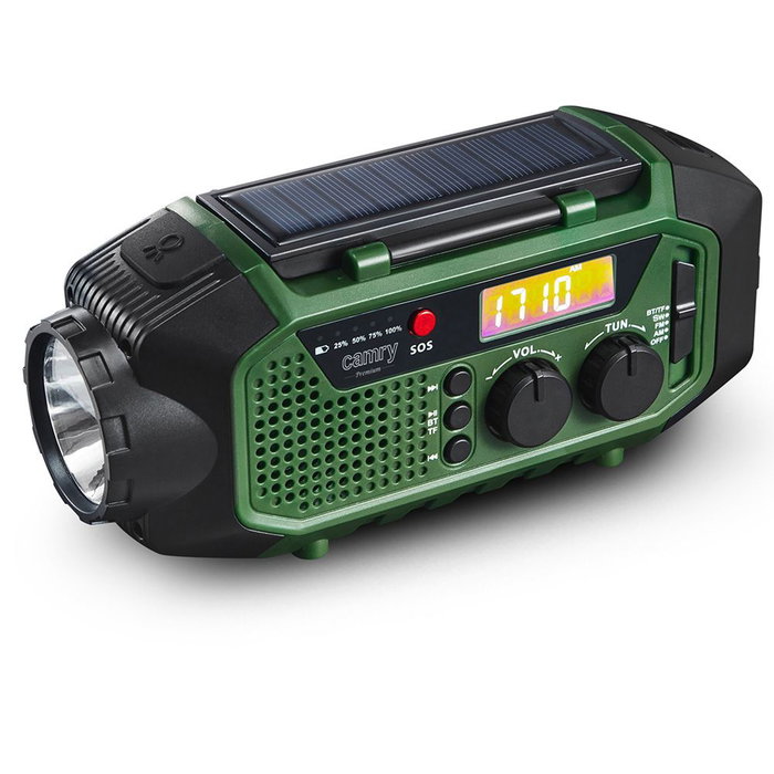 Camry CR1919 Radio Multifunción de Emergencia con Carga Solar/Dinamo/USB-C, Bluetooth 5.0, Linterna LED, Power Bank 4000 mAh, Pantalla LCD, Verde
