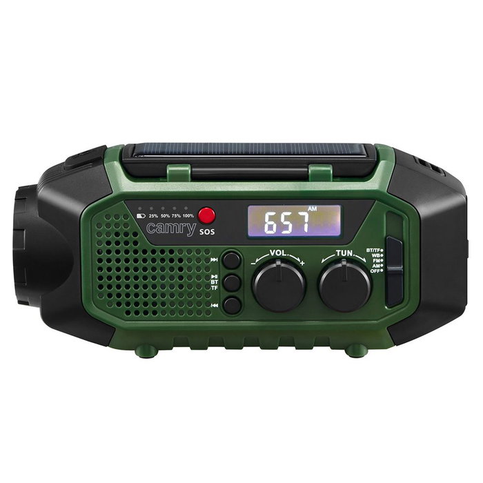 Camry CR1919 Radio Multifunción de Emergencia con Carga Solar/Dinamo/USB-C, Bluetooth 5.0, Linterna LED, Power Bank 4000 mAh, Pantalla LCD, Verde