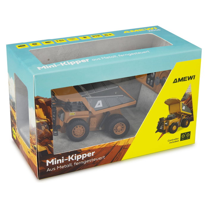 AMEWI 22746 Camión Volquete Miniatura de Metal 1:64 RC 8 Canales RTR para Niños 6+ Años con Luz y Batería Recargable 2.4 GHz