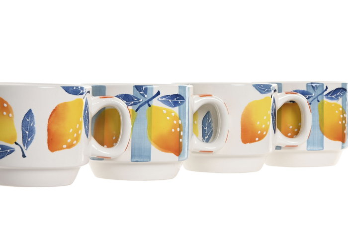 DKD Home Decor Taza Colección Limones Mediterraneo Dolomita Metal Set 4 piezas 260 ml