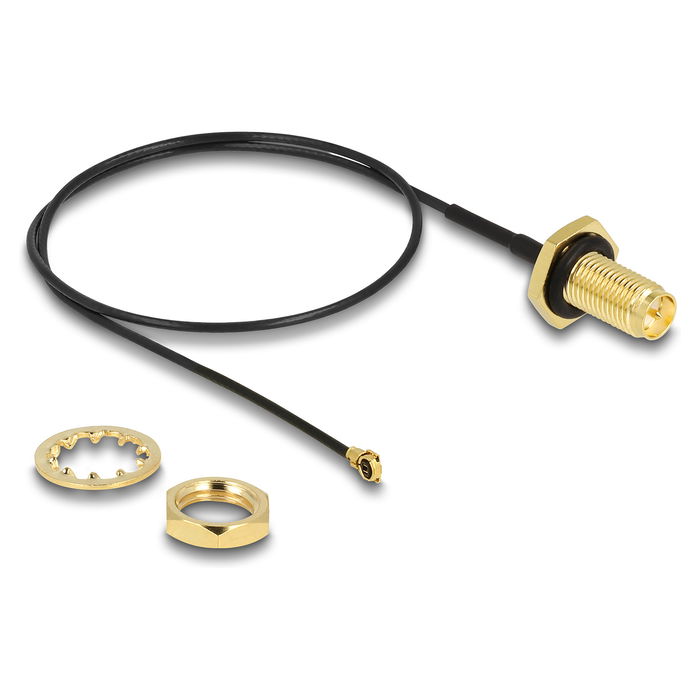 DeLOCK Cable Antena RP-SMA Hembra a MHF I Macho, 35 cm, Negro/Dorado, 1.13 mm, A Prueba de Salpicaduras, 50 Ω